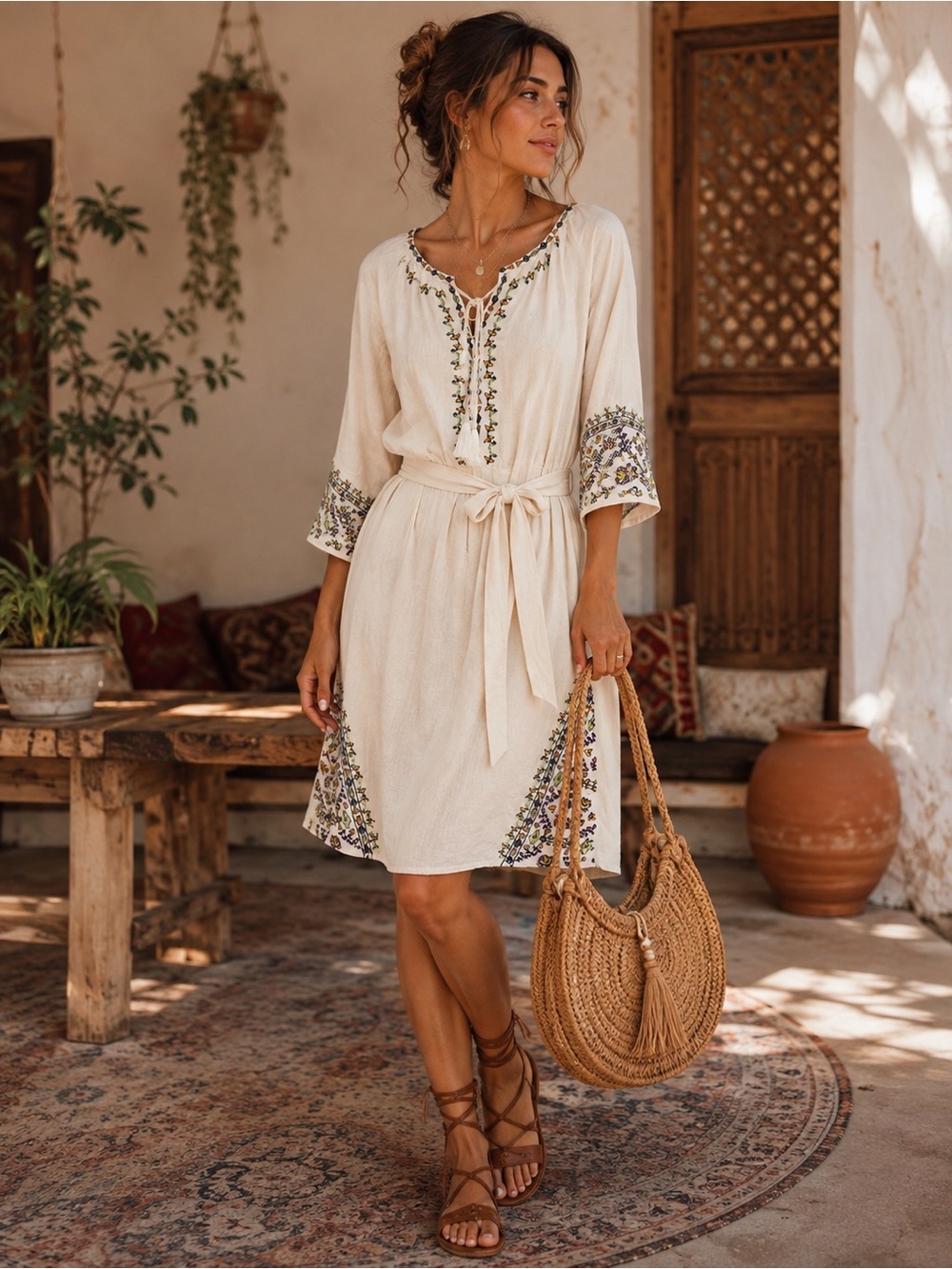 Jigsaw Boho Embroidered Tassel Tie Midi Dress Cream Cottagecore Festival Style M